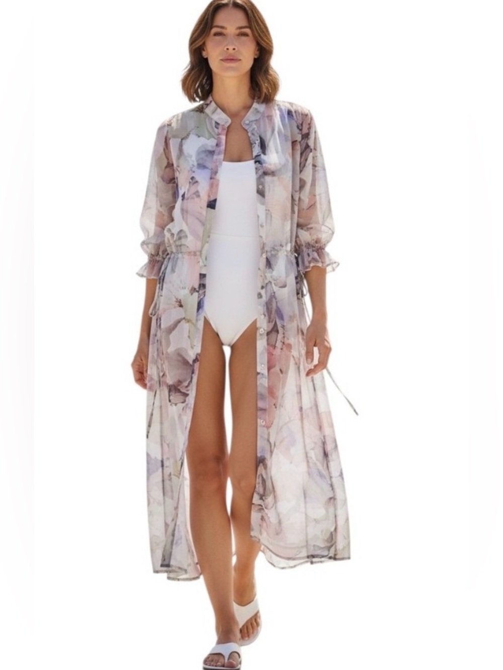 Vince Camuto Sheer Floral Duster Peach Watercolor Button Front Cover-up Size L
